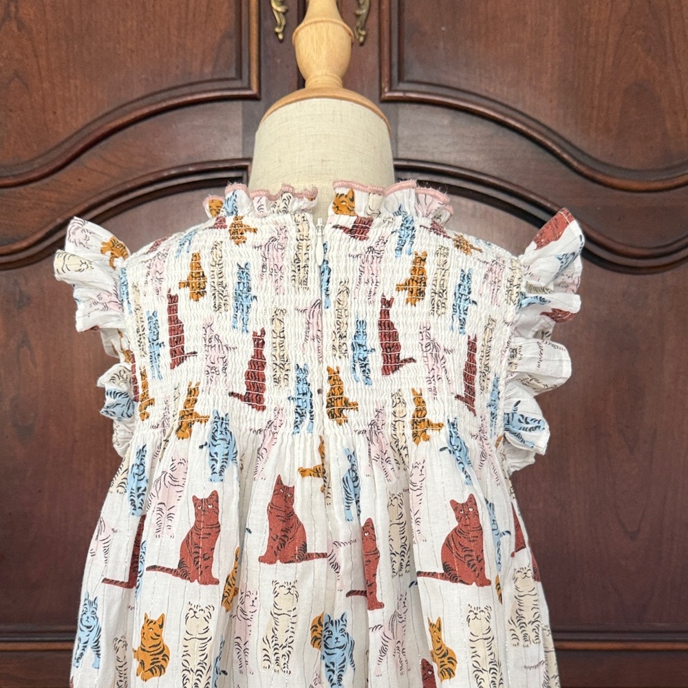 PINK CHICKEN Cat Print Dress Girls 4T Smocked Flutter Sleeve - Picture 9 of 9